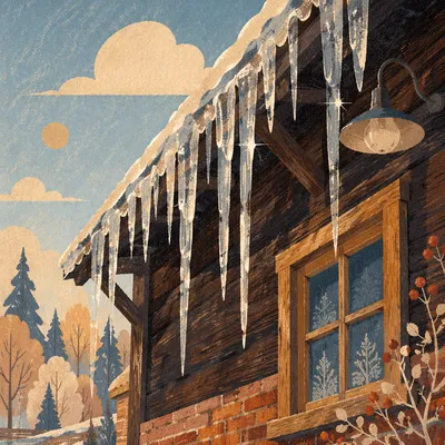 Sunlit Icicles on Rustic Winter Eaves