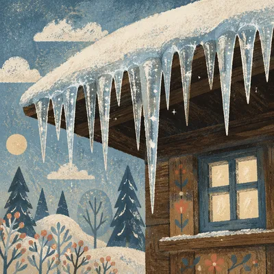 Winter Icicles on Snowy Cabin Roof