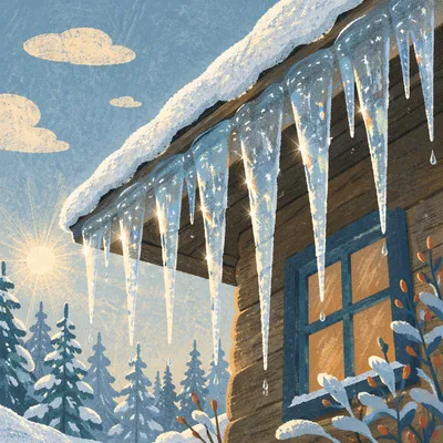Sunlit Winter Icicles on Cabin Roof