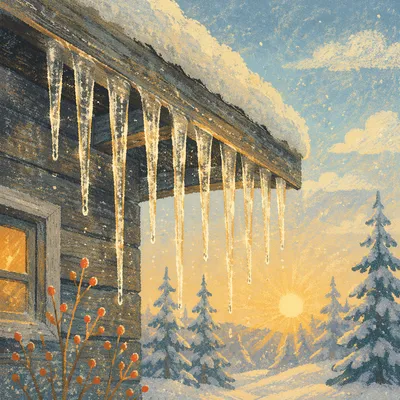 Golden Sunlight on Winter Roof Icicles