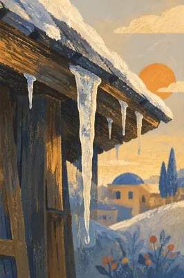 Winter Sunlit Icicles on Rustic Roof