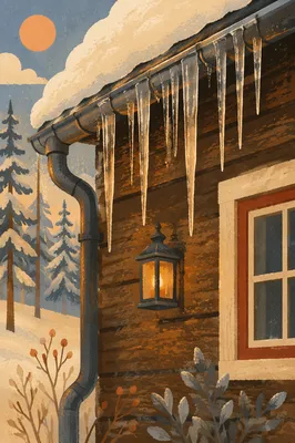 Sunlit Icicles on Rustic Cabin Roof