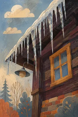 Sunlit Winter Icicles on Rustic Eaves