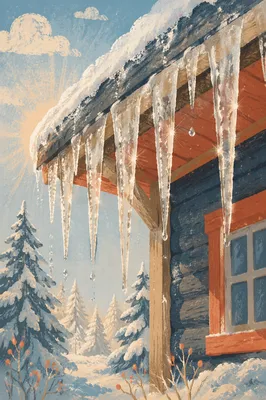 Sunlit Icicles on Snowy Cabin Roof