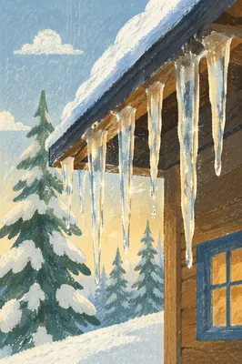 Sunlit Icicles on Cabin Roof Edge