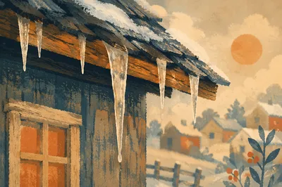 Winter Icicles on Sunlit Rustic Roof