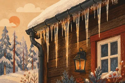 Sunlit Icicles on Rustic Cabin Roof