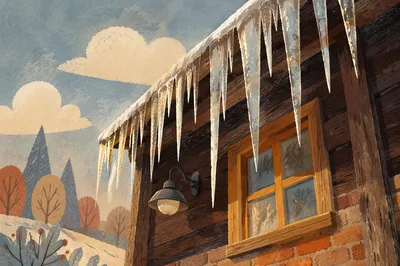 Sunlit Icicles on Rustic Winter Eaves