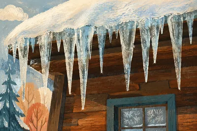 Winter Icicles on Snowy Cabin Roof