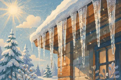 Sunlit Icicles on Snowy Cabin Roof