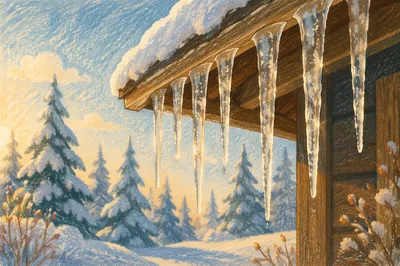 Sunlit Icicles on Cabin Roof Edge