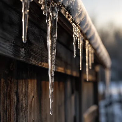 Winter Sunlit Icicles on Rustic Roof