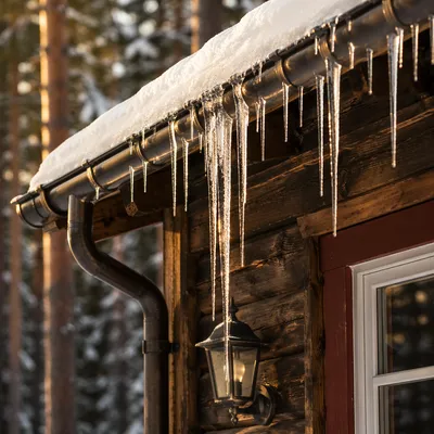 Sunlit Icicles on Rustic Cabin Roof