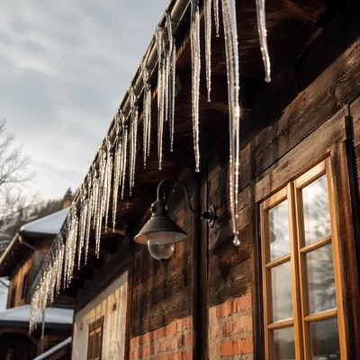 Sunlit Icicles on Rustic Winter Eaves