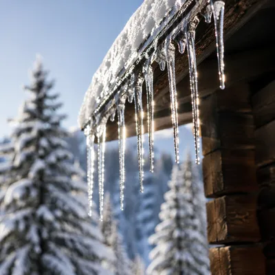 Sunlit Icicles on Snowy Cabin Roof