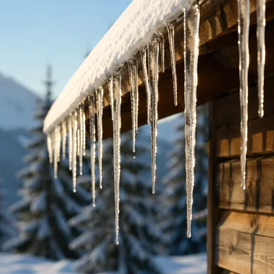 Sunlit Icicles on Cabin Roof Edge