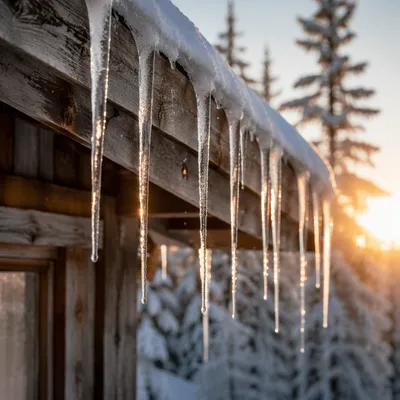 Sunlit Icicles on Rustic Winter Roof