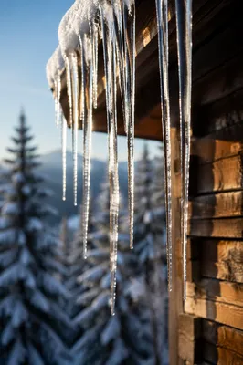 Sunlit Icicles on Cabin Roof Edge