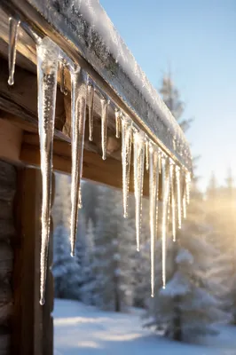 Golden Sunlit Icicles on Rustic Roof