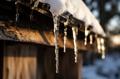 Sunlit Icicles on Rustic Winter Roof