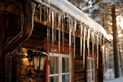 Sunlit Icicles on Rustic Cabin Roof