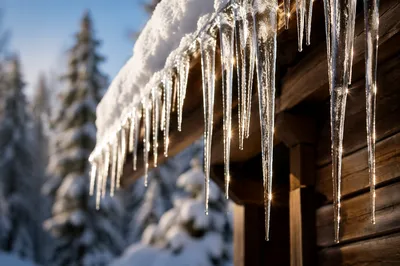 Sunlit Icicles on Cabin Roof Eaves