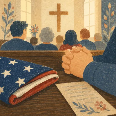 Patriotic Prayer Hands Beside Church Flag