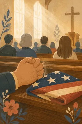 Independence Day Prayer with Flag in Church