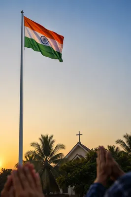 Indian Flag Over Church Courtyard at Sunrise