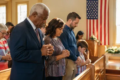 Congregation Praying in Sunlit Church Interior