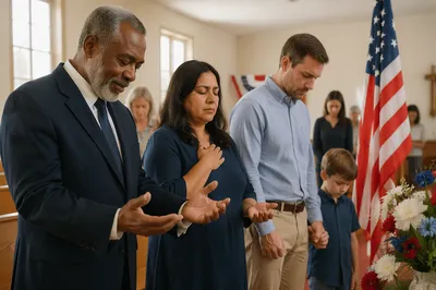 Small Group Praying Beside Patriotic Flag
