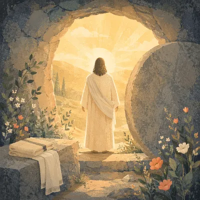 Risen Jesus at Empty Tomb Sunrise