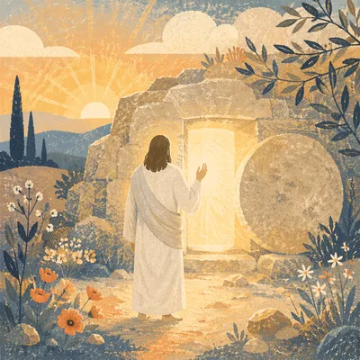 Risen Jesus at Empty Tomb Sunrise