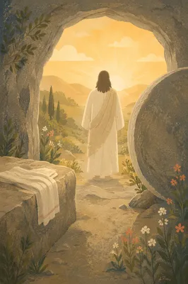 Risen Jesus at Empty Tomb Sunrise