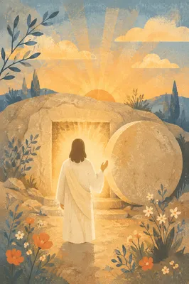Risen Jesus at Empty Tomb Sunrise