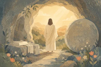 Risen Jesus at Empty Tomb Sunrise