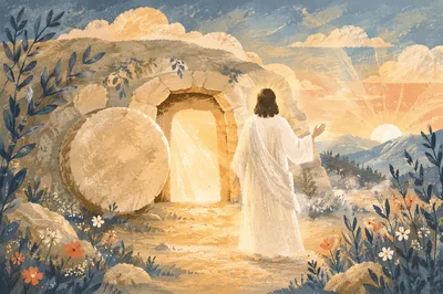 Risen Jesus at Empty Tomb Sunrise