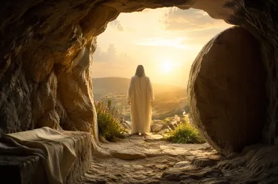 Risen Jesus at Empty Tomb Sunrise