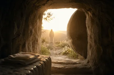 Risen Jesus Empty Tomb at Sunrise