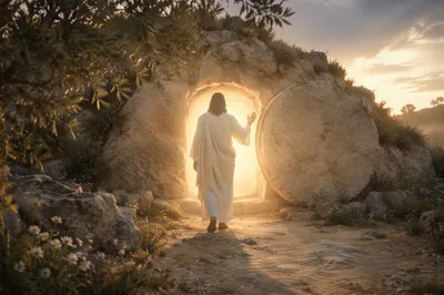 Risen Jesus at Empty Tomb Sunrise