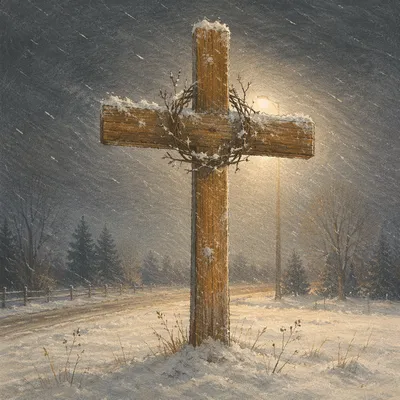 Ashen Wooden Cross in Winter Snow
