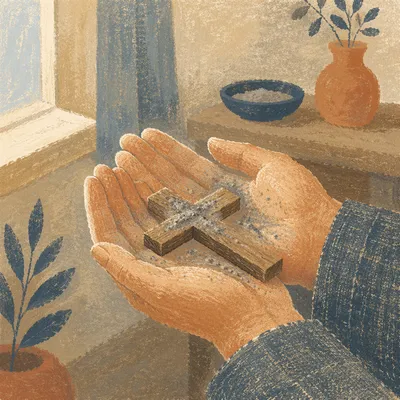 Lenten Ashes on Wooden Cross in Hands