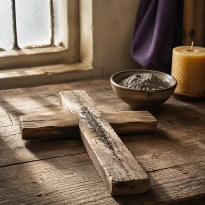 Lenten Ashes on Weathered Wooden Cross