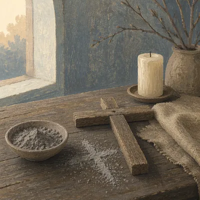 Lenten Ashes Beside Handmade Wooden Cross