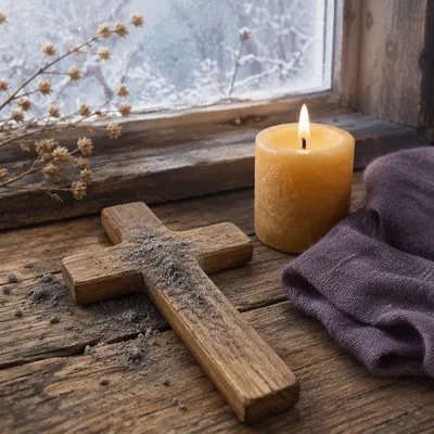 Lent Ashes on Wooden Cross Still Life