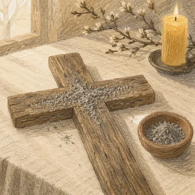Lent Ashes on Weathered Wooden Cross