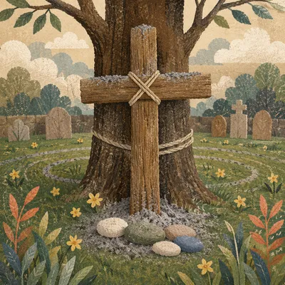 Lenten Ashes on Wooden Cross in Garden