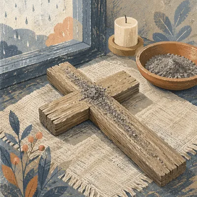 Lent Ashes Resting on Weathered Wooden Cross