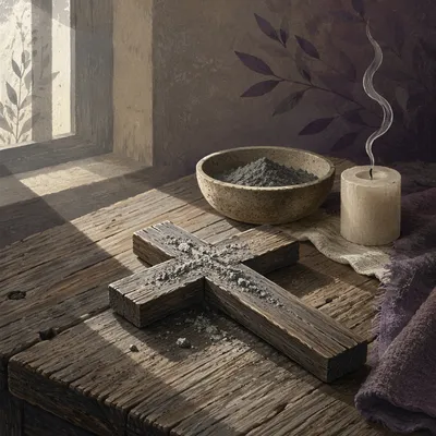 Lent Ashes on Weathered Wooden Cross