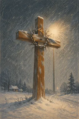 Lenten Ashes on Snowy Wooden Cross